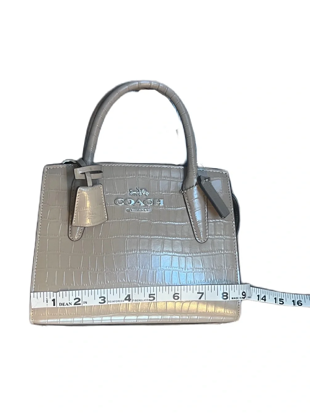COACH Croc-Embossed Leather Andrea Mini Carryall in a tan colorway